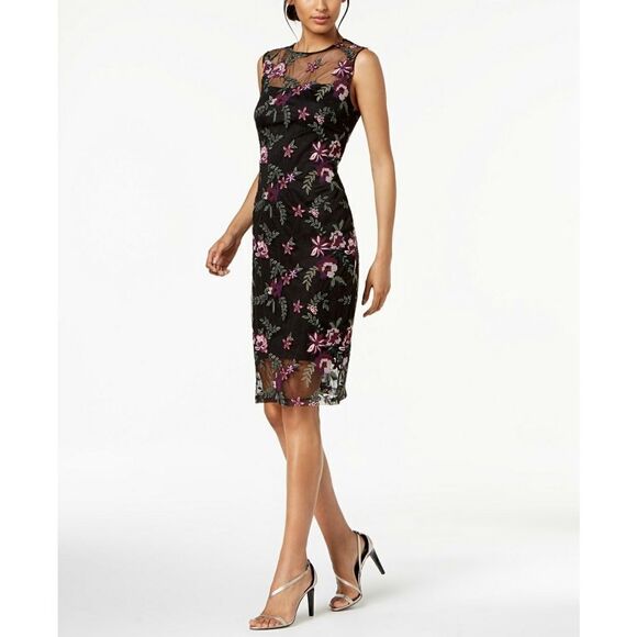 New! CALVIN KLEIN Women's Floral Embroidered Sheath Dress Black Size 8 - Picture 1 of 7